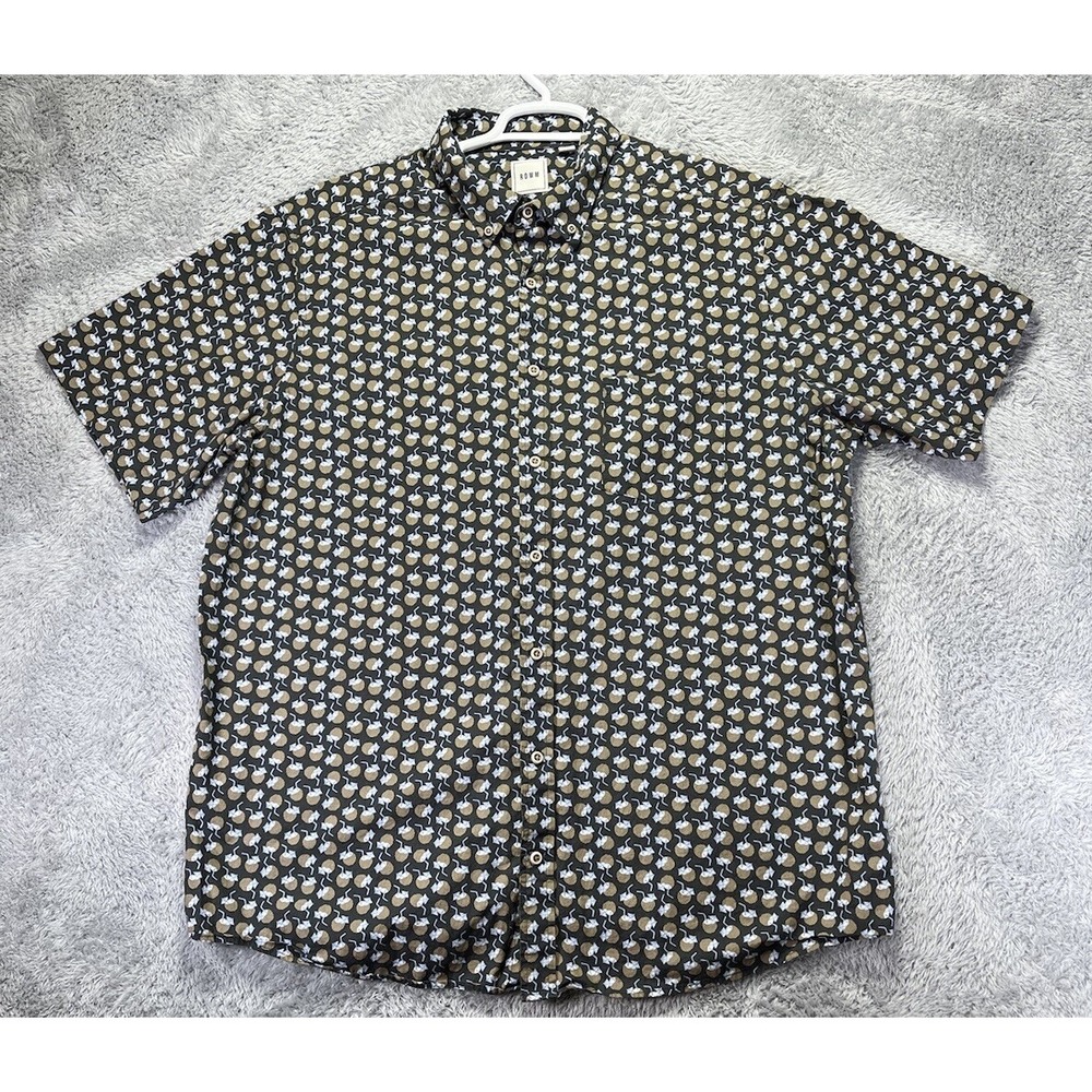 ROWM Mens 2XT Tall Black Coconut Drink Print Cotton Button Down Hawaiian Shirt